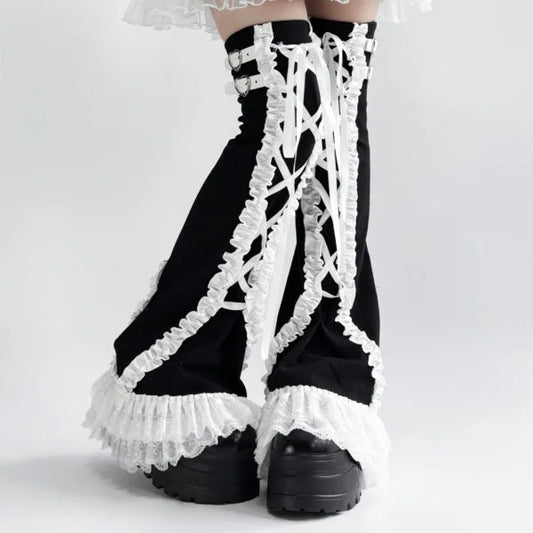 Black Lace-Up Gothic Ruffle Leg Warmers