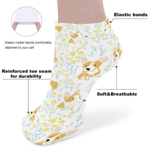 Cute Corgi Floral Ankle Socks – White