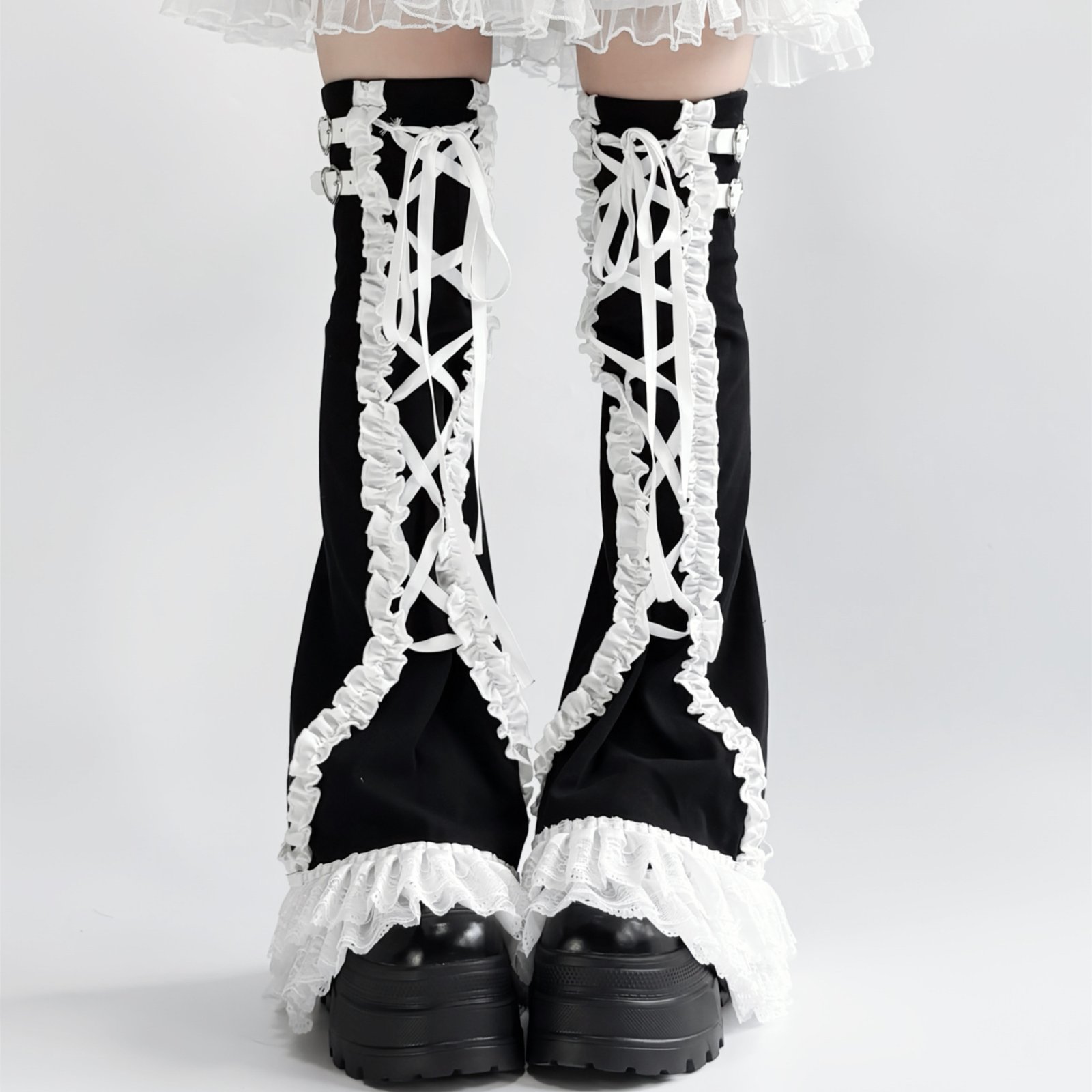Black Lace-Up Gothic Ruffle Leg Warmers - Image 3