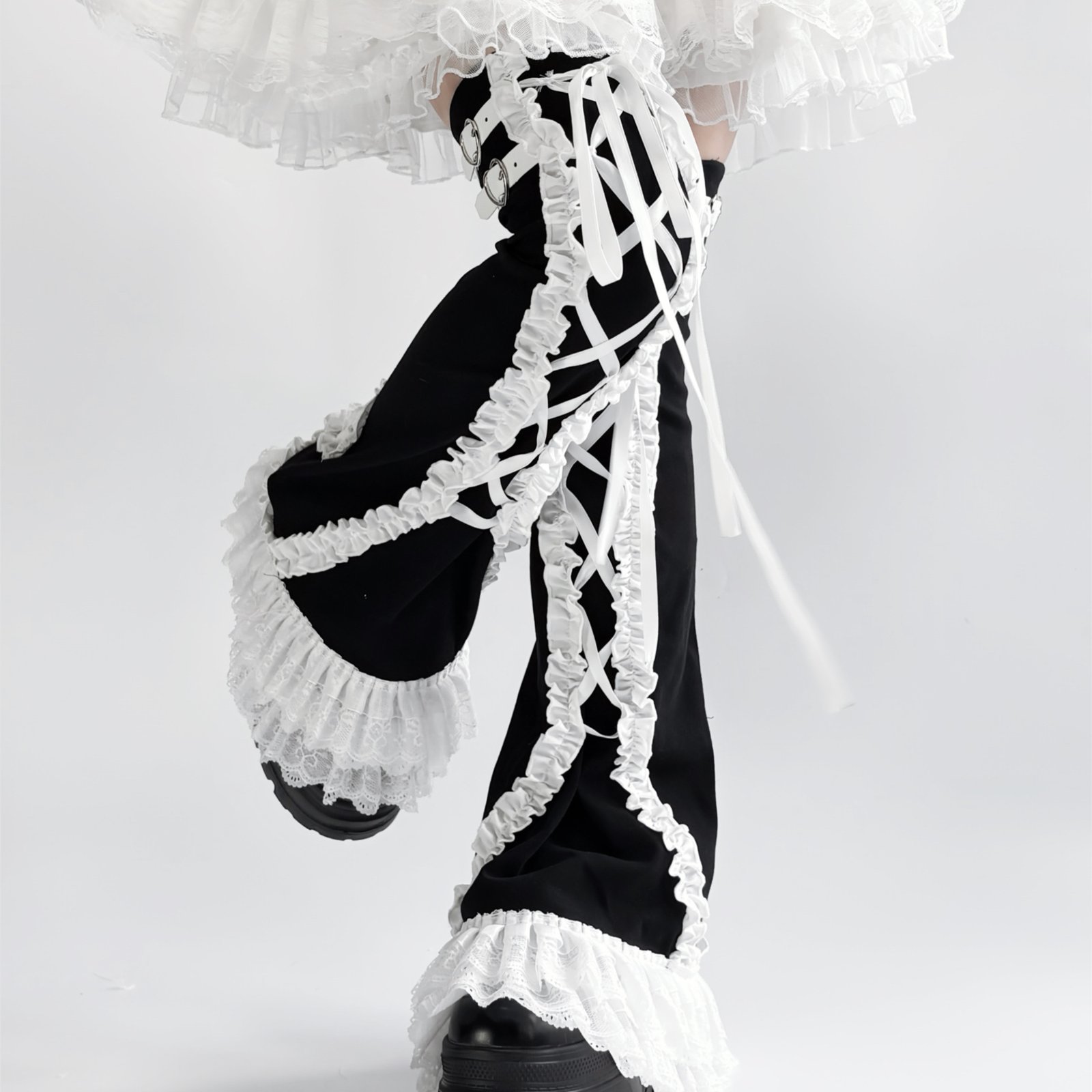 Black Lace-Up Gothic Ruffle Leg Warmers - Image 4