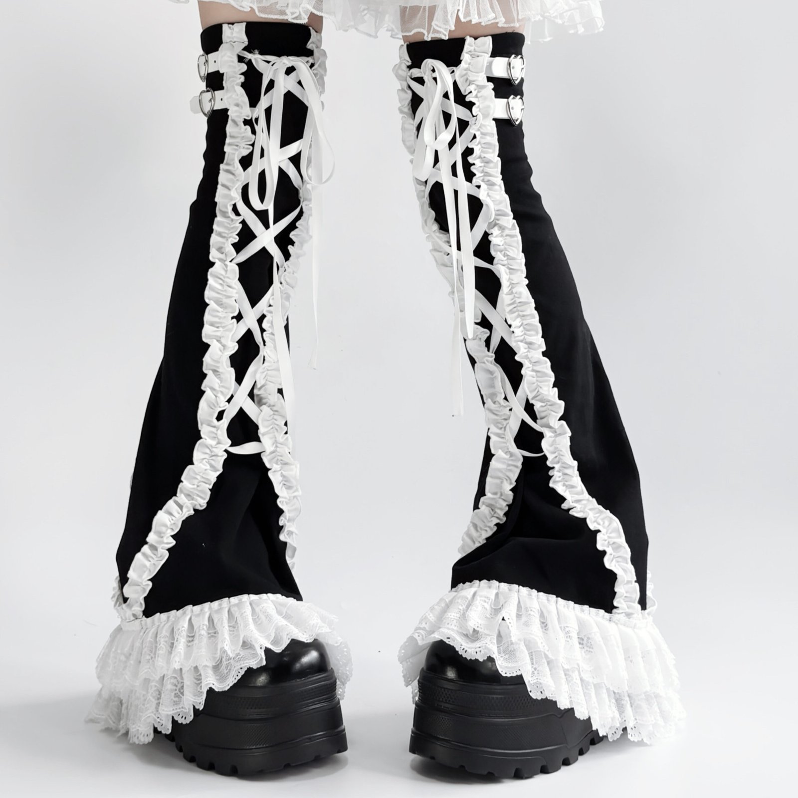 Black Lace-Up Gothic Ruffle Leg Warmers